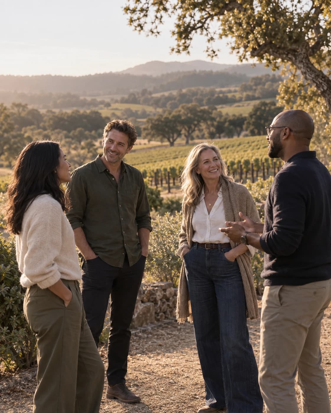 Four colleagues talking together outdoors at a vineyard, golden-hour light over the hills behind them.