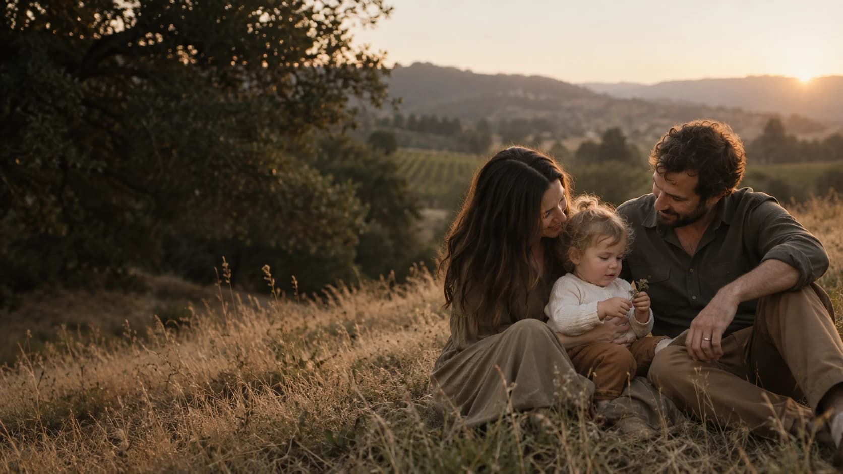 Family sharing a quiet moment outdoors at sunset