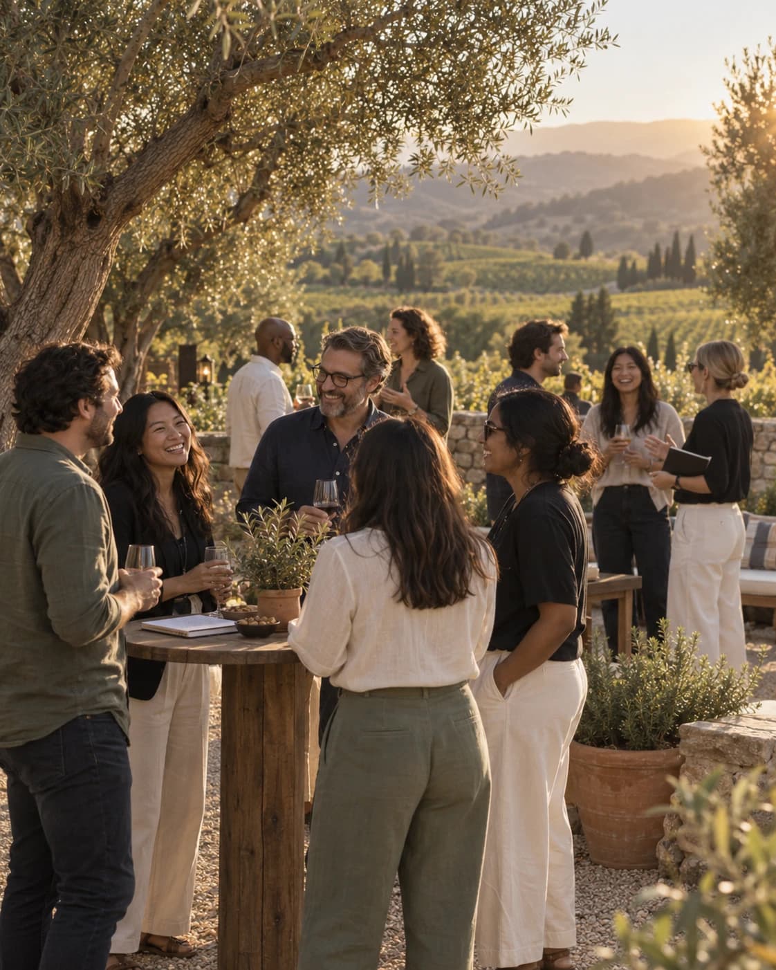 A small group gathers around an outdoor high-top table at a vineyard social, sharing wine and conversation as the sun sets over the hills.